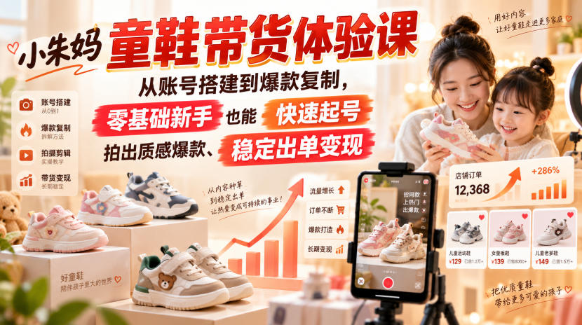 小朱妈童鞋带货体验课，从账号搭建到爆款复制，零基础新手也能快速起号、拍出质感爆款、稳定出单变现-九九网创