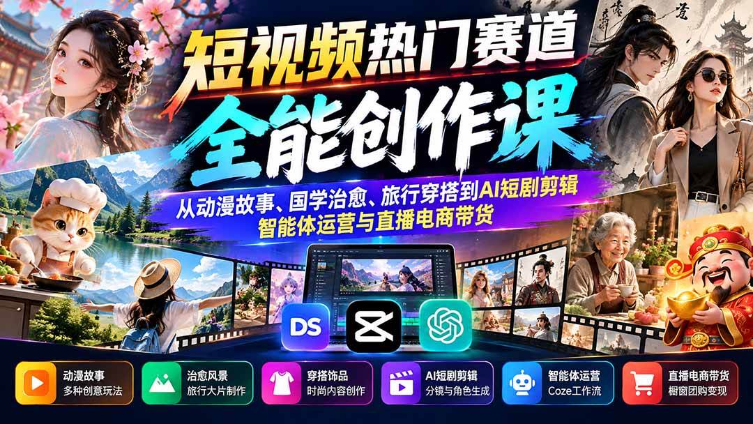 （20956期）短视频热门赛道全能创作课：从动漫故事、国学治愈、旅行穿搭到AI短剧剪辑、智能体运营与直播电商带货-九九网创