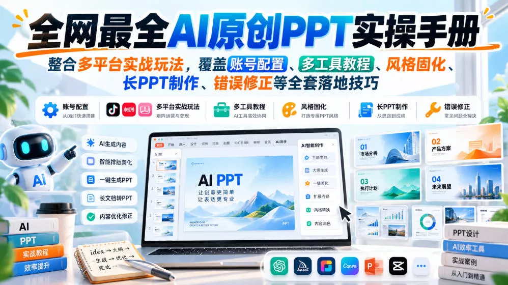 全网最全AI原创PPT实操手册，整合多平台实战玩法，覆盖账号配置、多工具教程、风格固化、长PPT制作、错误修正等全套落地技巧-九九网创