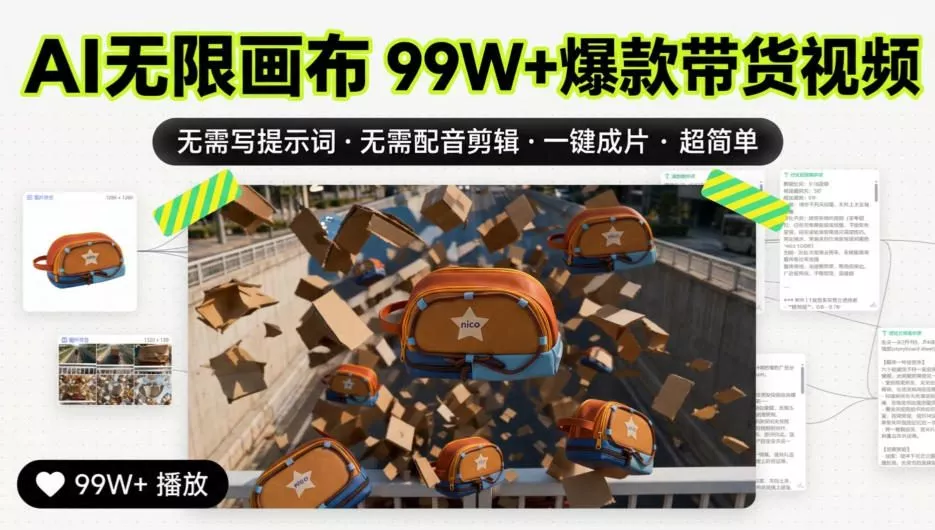 AI无限画布99W+爆款带货视频，无需写提示词·无需配音剪辑·一键成片·超简单-九九网创