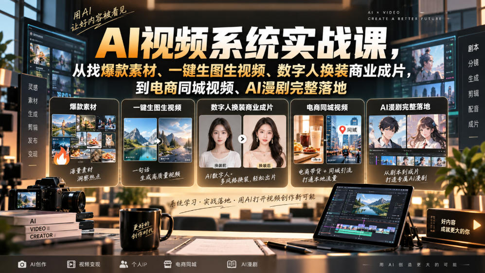 AI视频系统实战课，从找爆款素材、一键生图生视频、数字人换装商业成片，到电商同城视频、AI漫剧完整落地-九九网创