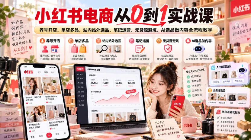 小红书电商从0到1实战课｜养号开店、单店多品、站内站外选品、笔记运营、无货源避坑、AI选品做内容全流程教学-九九网创