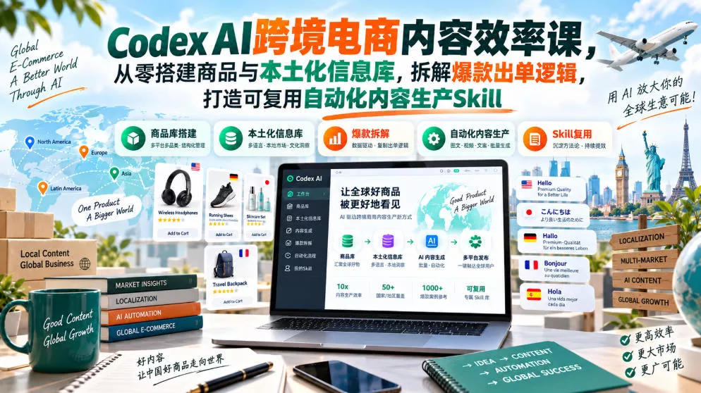 Codex AI跨境电商内容效率课，从零搭建商品与本土化信息库，拆解爆款出单逻辑，打造可复用自动化内容生产Skill-九九网创