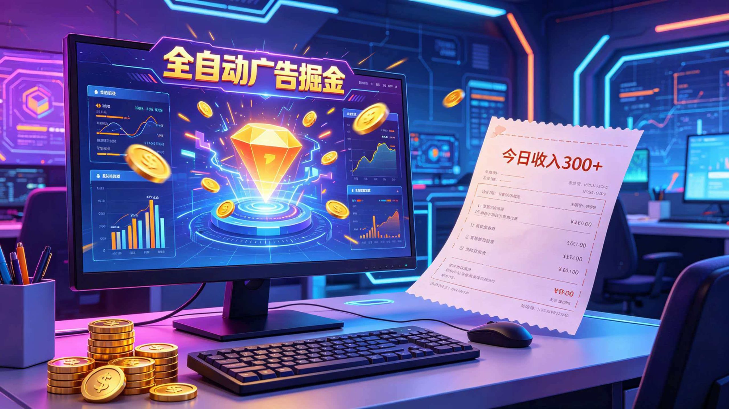 全自动广告掘金，日入300+。全程Ai自动化运行，解放双手，时间自由。收益稳定-九九网创