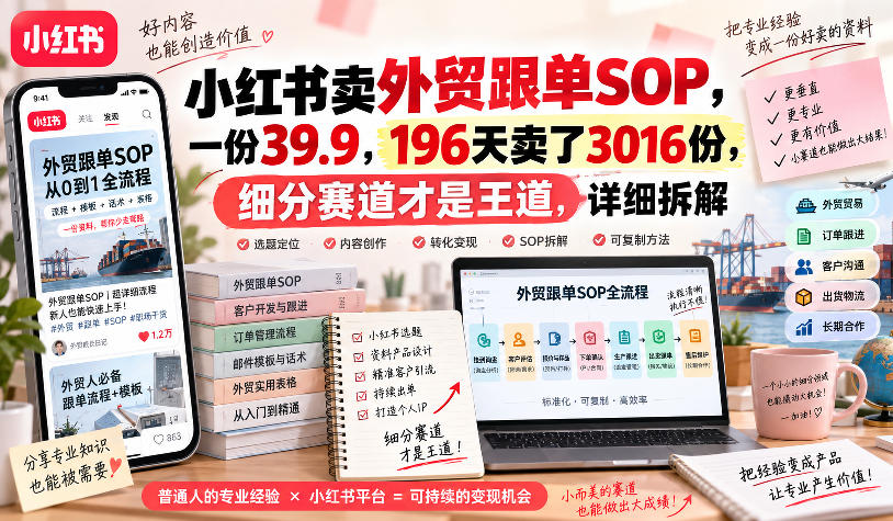 小红书卖外贸跟单sop，一份39.9，196天卖了3016份，细分赛道才是王道，详细拆解-九九网创