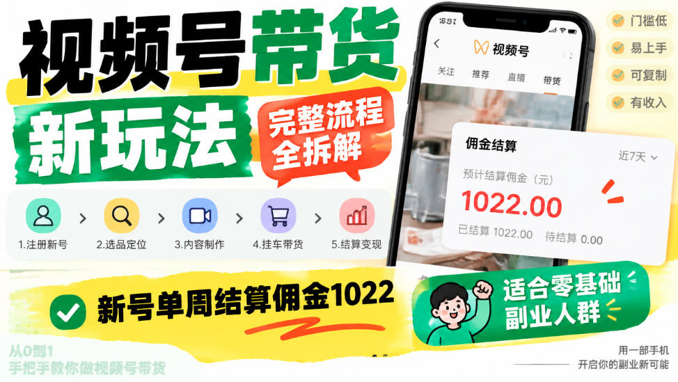 视频号带货新玩法，完整流程全拆解，新号单周结算佣金1k，适合零基础副业人群-九九网创