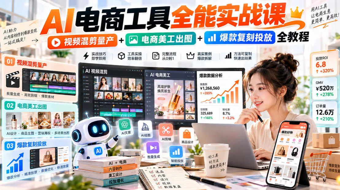 AI电商工具全能实战教学，视频混剪量产+电商美工出图+爆款复刻投放全教程-九九网创