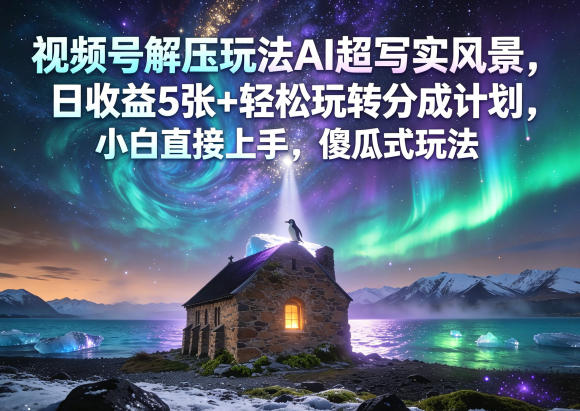 视频号解压玩法AI超写实风景，日收益5张+轻松玩转分成计划，小白直接上手，傻瓜式玩法-九九网创