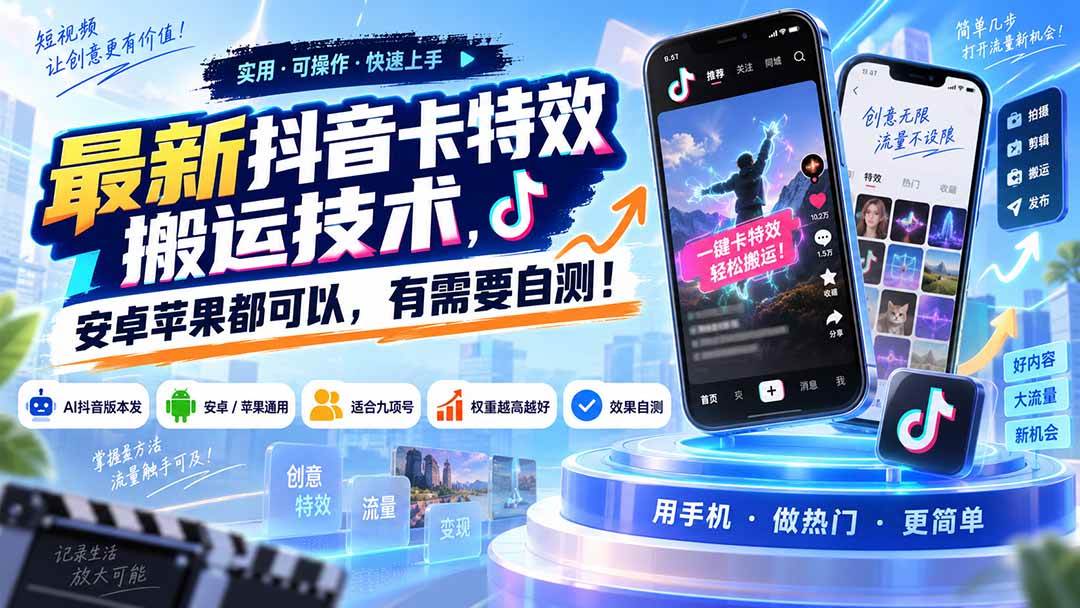 （20606期）最新抖音卡特效搬运技术，安卓苹果都可以，有需要自测！-九九网创