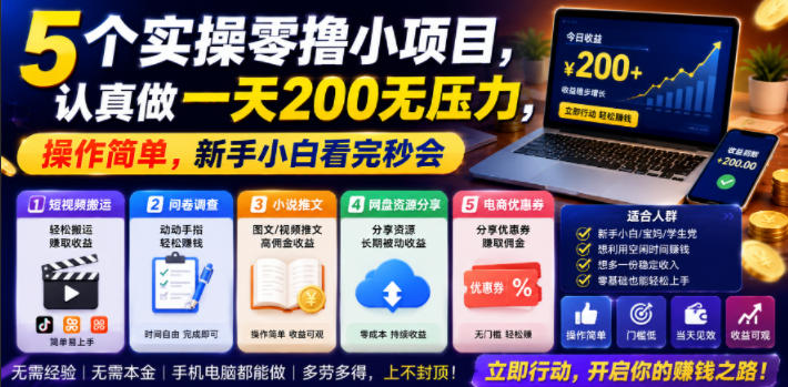 5个实操零撸小项目,认真做一天200无压力,操作简单,新手小白看完秒会【揭秘】-九九网创
