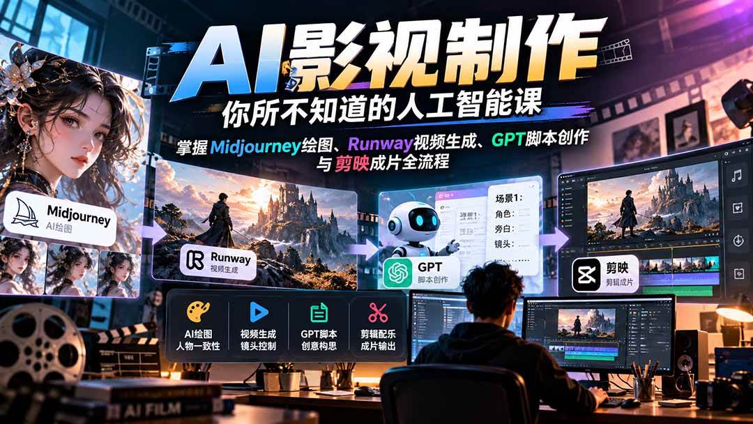 （20681期）AI影视制作-你所不知道的人工智能课，掌握Midjourney绘图、Runway视频生成、GPT脚本创作与剪映成片全流程-九九网创