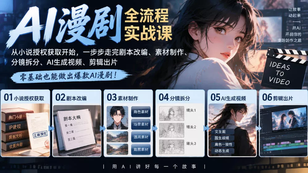 AI漫剧全流程实战课｜从小说授权获取开始，一步步走完剧本改编、素材制作、分镜拆分、AI生成视频、剪辑出片全流程-九九网创