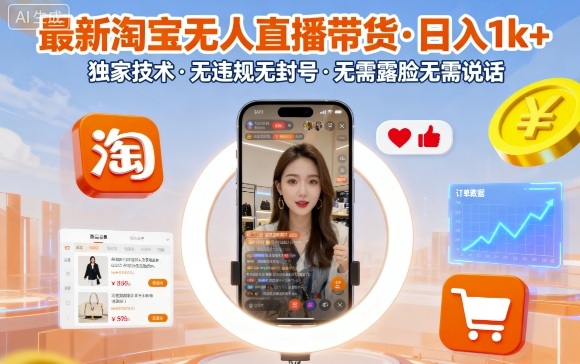 最新淘宝无人直播带货，日入1k+，独家技术，无违规无封号，无需露脸无需说话【揭秘】-九九网创
