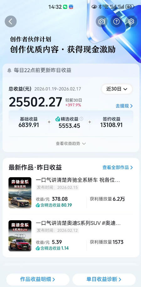 抖音某大佬汽车科普解说教学，流量嘎嘎猛，撸创作伙伴计划精选独家收益，日入5张+-九九网创