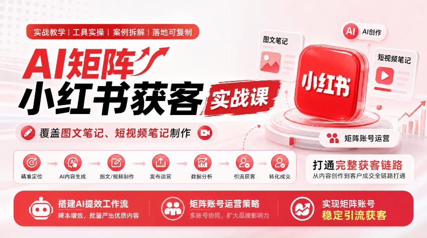 AI矩阵小红书获客实战课，覆盖图文笔记、短视频笔记制作，打通完整获客链路，搭建AI提效工作流，实现矩阵账号稳定引流获客-九九网创