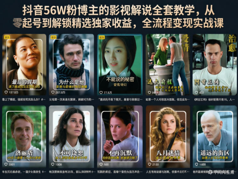 抖音56W粉博主的影视解说全套教学,从零起号到解锁精选独家收益,全流程变现实战课-九九网创