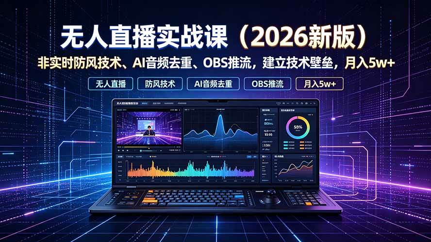 （19292期）无人直播实战课（更新7月），非实时防风技术、AI音频去重、OBS推流，建立技术壁垒，月入5w+-九九网创