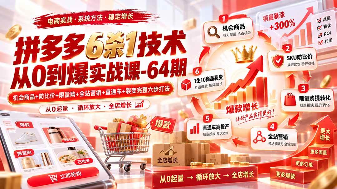 （20315期）拼多多6杀1技术从0到爆实战课-64期：机会商品+防比价+限量购+全站营销+直通车+裂变完整六步打法-九九网创