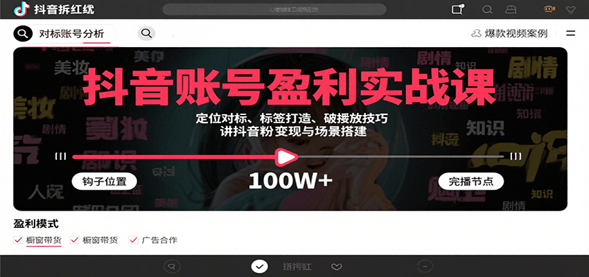 抖音账号盈利实战课，定位对标、标签打造、破播放技巧，讲涨粉变现与场景搭建-九九网创