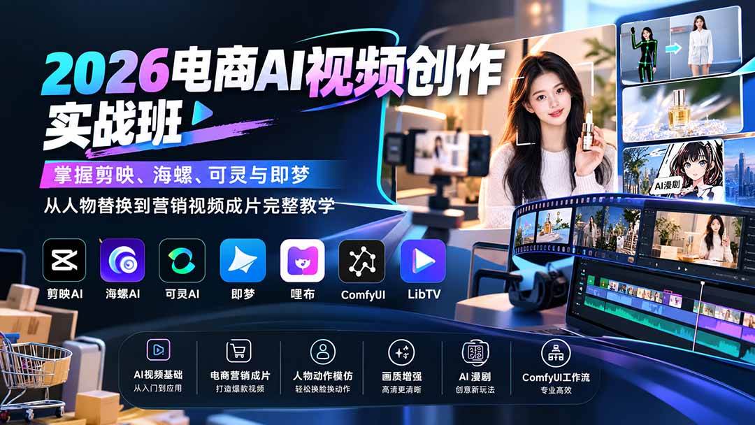 (20466期)2026电商AI视频创作实战班:掌握剪映、海螺、可灵与即梦,从人物替换到营销视频成片完整教学-九九网创