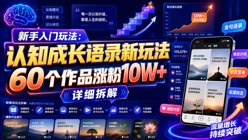 新手入门玩法：认知成长语录新玩法，60个作品涨粉10W+，详细拆解-九九网创