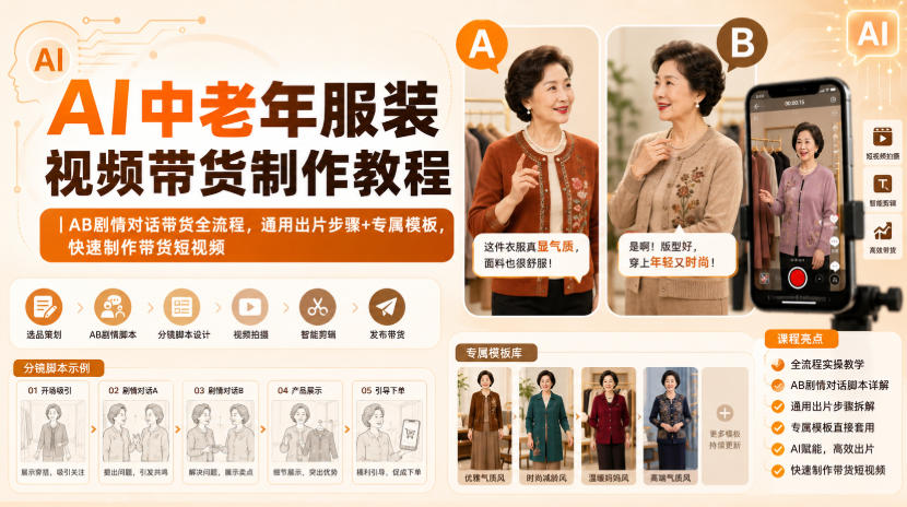 AI中老年服装视频带货制作教程｜AB剧情对话带货全流程，通用出片步骤+专属模板，快速制作带货短视频-九九网创