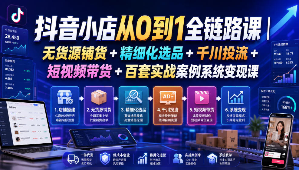 抖音小店从0到1全链路课｜无货源铺货+精细化选品+千川投流+短视频带货+百套实战案例系统变现课（2026年7月更新）-九九网创