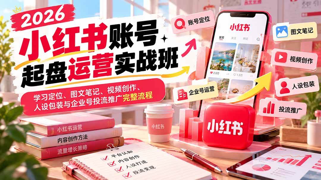 （20647期）2026小红书账号起盘运营实战班：学习定位、图文笔记、视频创作、人设包装与企业号投流推广完整流程-九九网创