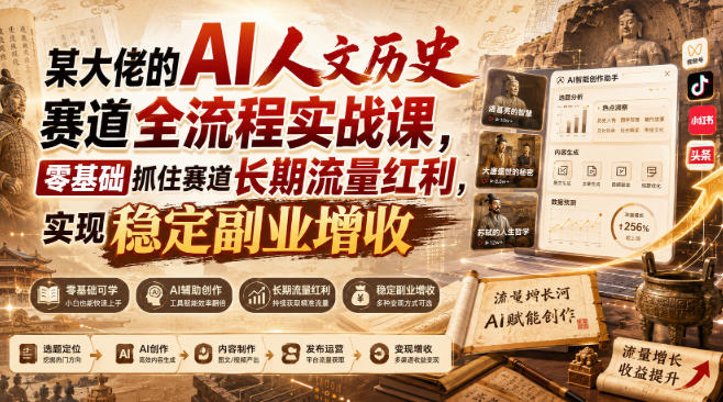 某大佬的AI人文历史赛道全流程实战课，零基础抓住赛道长期流量红利，实现稳定副业增收-九九网创