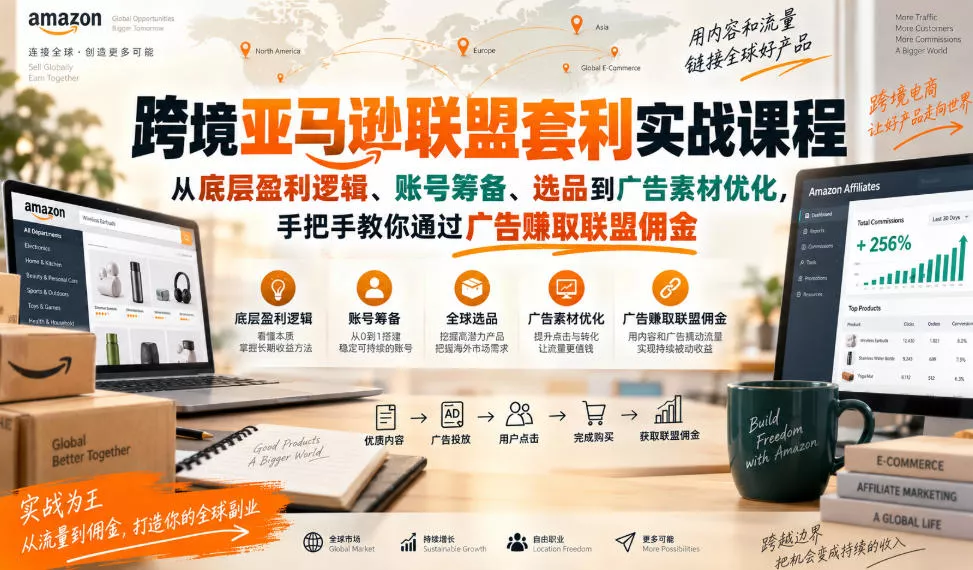 跨境亚马逊联盟套利实战课程，从底层盈利逻辑、账号筹备、选品到广告素材优化，手把手教你通过广告賺取联盟佣金-九九网创