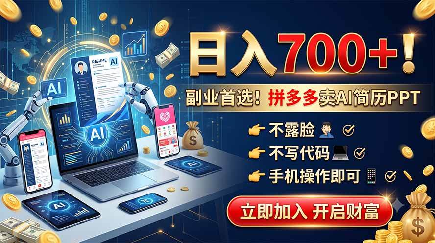 (19490期)拼多多卖AI简历PPT,不露脸不写代码,手机操作日入700+,副业首选! (19490期)拼多多卖AI简历PPT,不露脸不写代码,手机操作日入700+,副业首选!