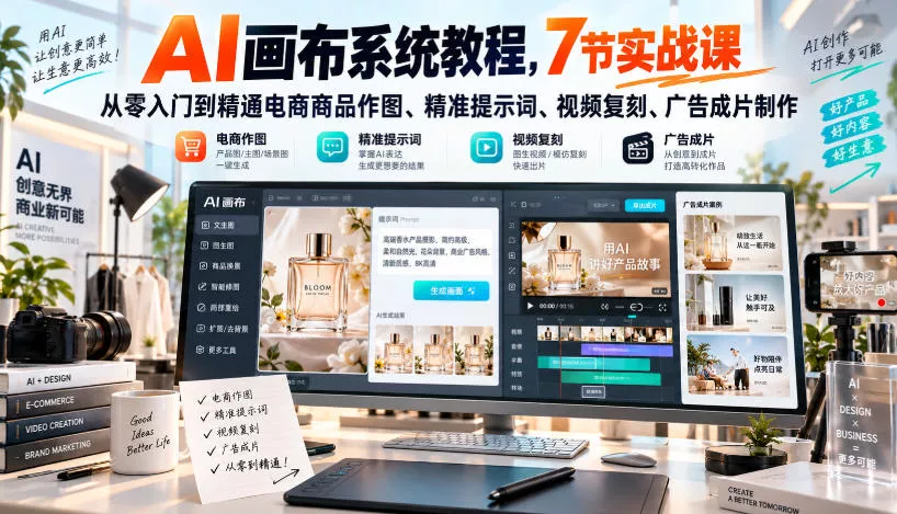AI画布系统教程，7节实战课从零入门到精通电商商品作图、精准提示词、视频复刻、广告成片制作-九九网创