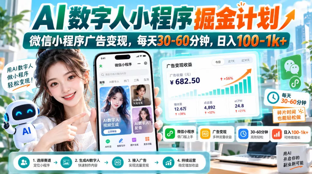 【无水印】AI数字人小程序掘金计划，微信小程序广告变现，每天30‑60分钟，日入100‑1k+-九九网创