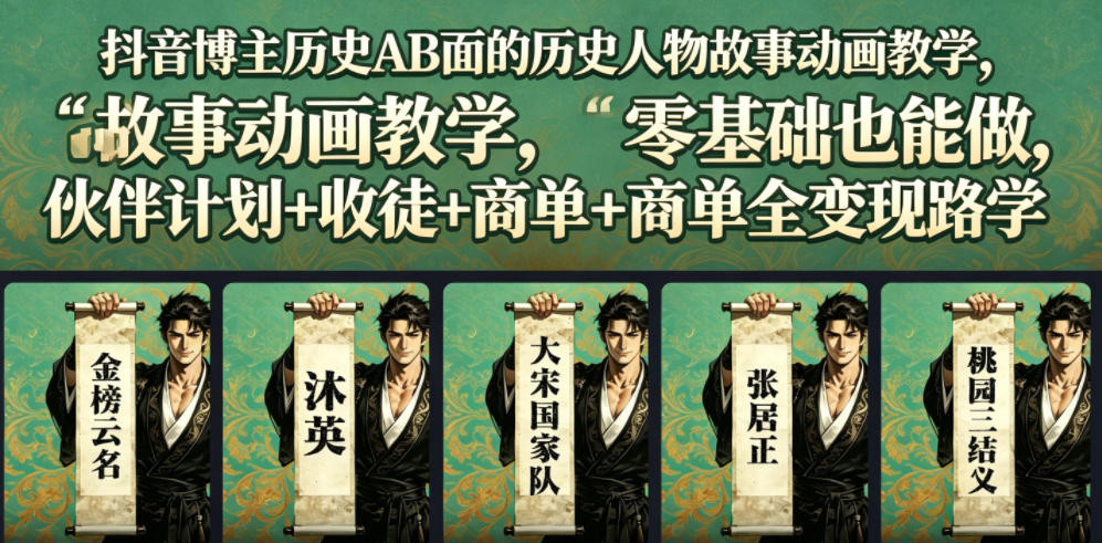 抖音博主历史AB面的历史人物故事动画教学，零基础也能做，伙伴计划+收徒+商单全变现路径教学-九九网创