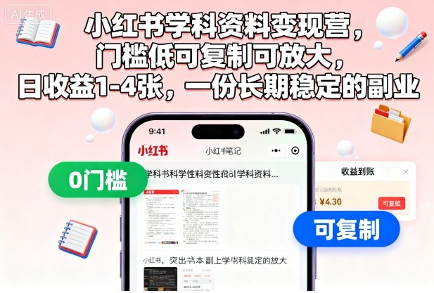 小红书学科资料变现营，门槛低可复制可放大，日收益1-4张，一份长期稳定的副业-九九网创