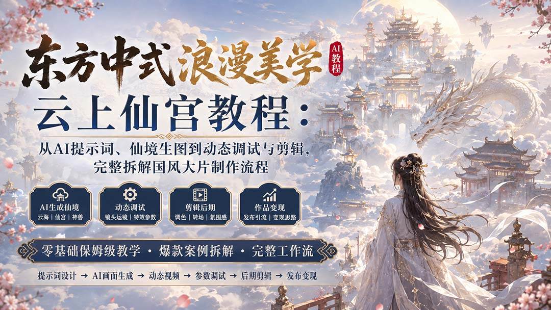 （20147期）东方中式浪漫美学云上仙宫教程：从AI提示词、仙境生图到动态调试与剪辑，完整拆解国风大片制作流程-九九网创