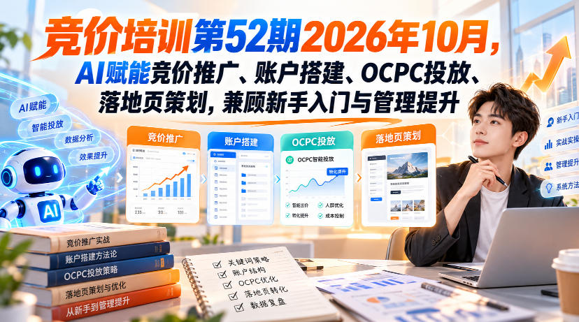 【无水印】竞价培训第52期2026年10月,AI赋能竞价推广、账户搭建、OCPC投放、落地页策划,兼顾新手入门与管理提升-九九网创
