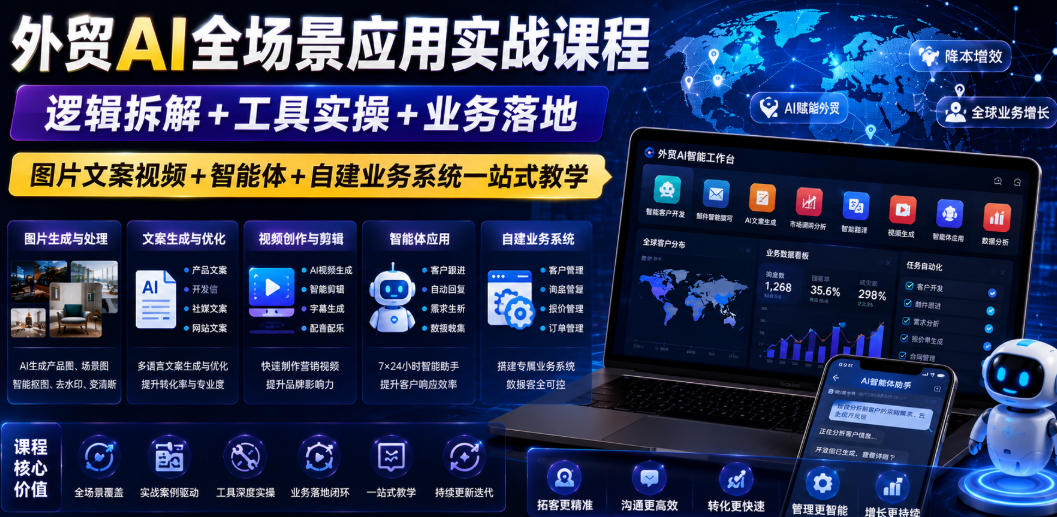 外贸AI全场景应用实战课程｜逻辑拆解+工具实操+业务落地，图片文案视频+智能体+自建业务系统一站式教学-九九网创