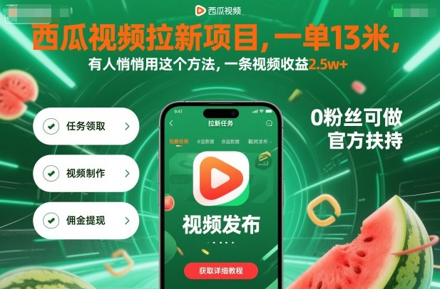 西瓜视频拉新项目，一单13米，有人悄悄用这个方法，一条视频收益2.5w+(附详细教程)-九九网创