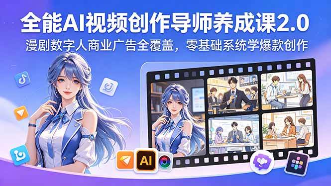 （18505期）全能AI视频创作导师养成课2.0，漫剧数字人商业广告全覆盖，零基础系统学爆款创作-九九网创