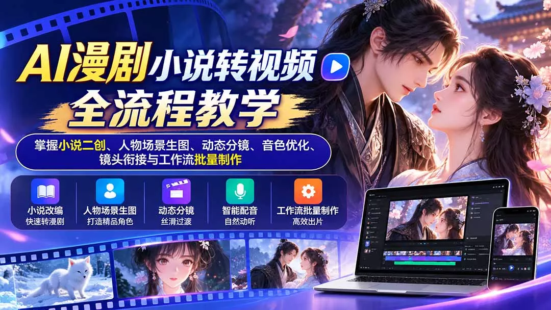 AI漫剧小说转视频全流程教学：掌握小说二创、人物场景生图、动态分镜、音色优化、镜头衔接与工作流批量制作-九九网创