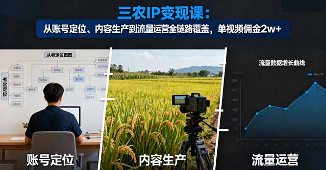 三农IP变现课:从账号定位、内容生产到流量运营全链路覆盖,单视频佣金2w+-九九网创