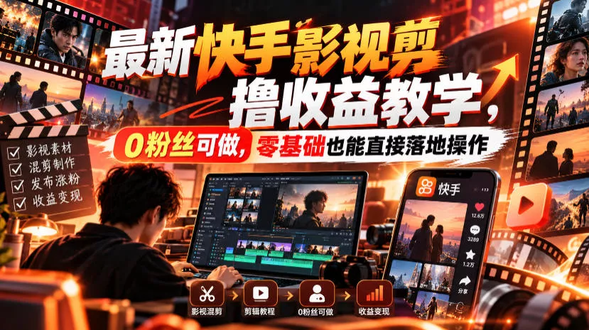 最新快手影视混剪撸收益教学，0粉丝可做，零基础也能直接落地操作-九九网创