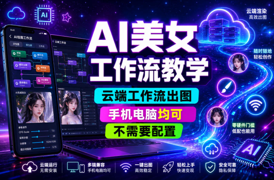 AI美女工作流教学，云端工作流出图，手机电脑均可，不需要配置，快速起号涨粉-九九网创