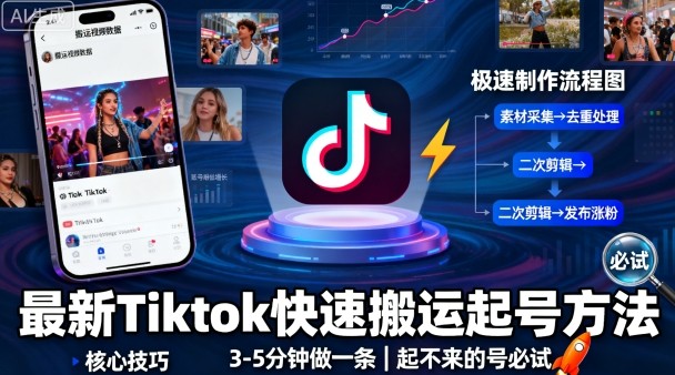 最新Tiktok快速搬运快速起号方法，3-5分钟做一条，起不来的号可以试试-九九网创