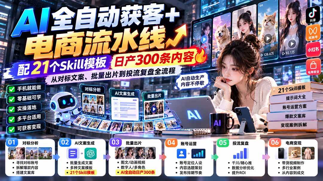 （20713期）【无水印】AI全自动获客+电商流水线-更新0929：配21个Skill模板，日产300条内容，从对标文案、批量出片到投流全流程-九九网创