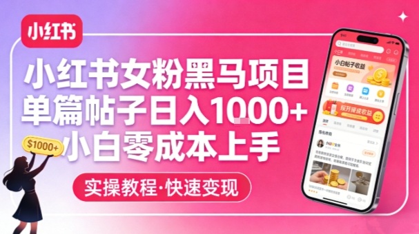小红书女粉黑马项目，单篇帖子日入1k+，小白零成本上手-九九网创