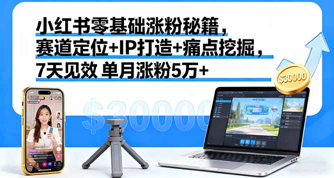 小红书零基础涨粉秘籍，赛道定位+IP打造+痛点挖掘，7天见效 单月涨粉5万+-九九网创