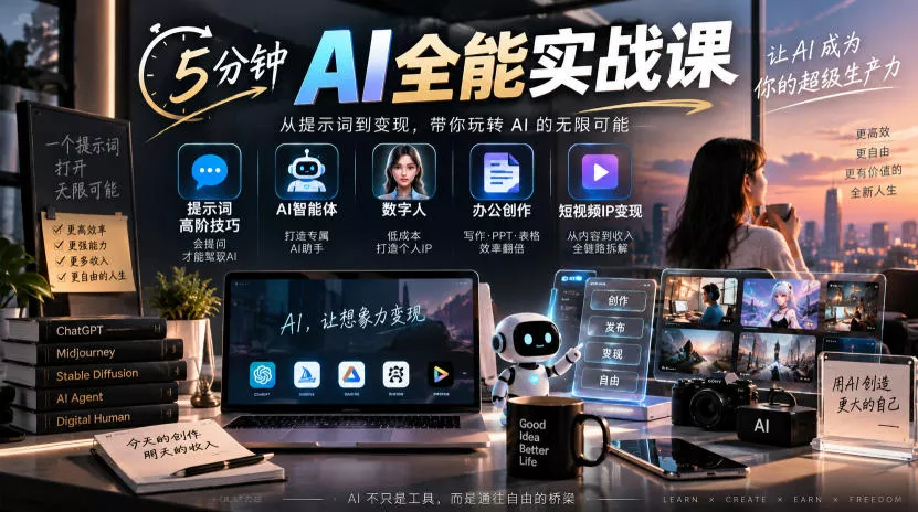 5分钟AI全能实战课｜提示词高阶技巧+AI智能体+数字人+办公创作+短视频IP变现全教程-九九网创
