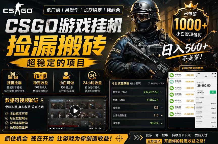 CSGO游戏搬砖，全自动挂G，不需要玩游戏，手机操作日入300+，解放双手【揭秘】-九九网创